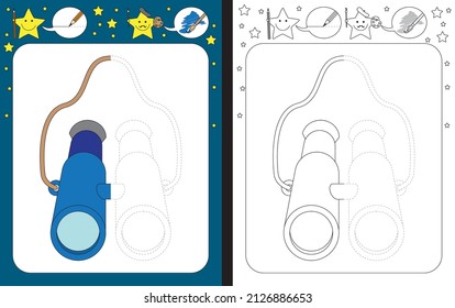 Arbeitsblatt für die Ausbildung von Feinmotorkenntnissen in Vorschulen - Rückverfolgung von gestrichenen Linien - Ausfüllen der Illustration von Ferngläsern