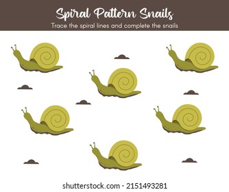 Preschool worksheet for practicing fine motor skills - tracing dashed spiral lines. Snails cartoon vector Illustration for kids.