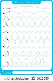 Preschool worksheet for practicing fine motor skills - tracing dashed lines. Tracing Worksheet.  Illustration and vector outline - A4 paper ready to print.