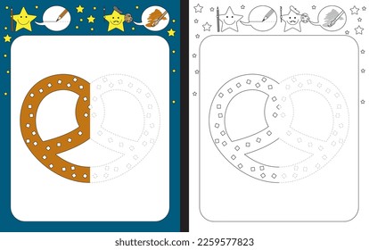 Preschool worksheet for practicing fine motor skills - tracing dashed lines - finish the illustration of a pretzel
