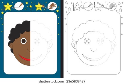 Preschool worksheet for practicing fine motor skills - tracing dashed lines - finish the illustration of a boy