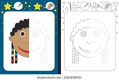 Hoja de trabajo preescolar para la práctica de finas habilidades motoras - traza de líneas discontinuas - terminar la ilustración de una niña