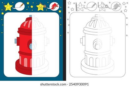 Preschool worksheet for practicing fine motor skills - tracing dashed lines - finish the illustration of a fire hydrant