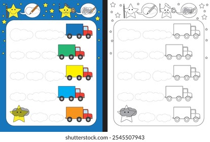 Planilha pré-escolar para praticar habilidades motoras finas - traçando linhas tracejadas de nuvens de fumaça atrás de caminhões