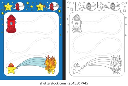 Planilha pré-escolar para praticar habilidades motoras finas - traçando as linhas tracejadas da mangueira de incêndio