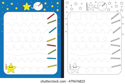 Preschool worksheet for practicing fine motor skills - tracing dashed lines