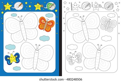 Preschool worksheet for practicing fine motor skills - tracing dashed lines