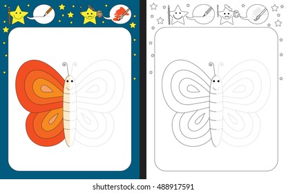 Preschool worksheet for practicing fine motor skills - tracing dashed lines - finish the illustration