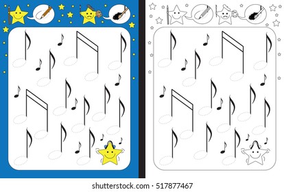 Preschool worksheet for practicing fine motor skills - tracing dashed lines and finishing musical notes