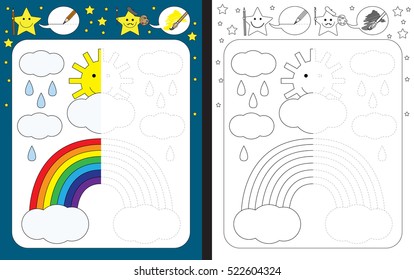 Feuille de calcul préscolaire pour l'exercice des compétences motrices fines - traçage des lignes pointillées - terminer l'illustration de l'arc-en-ciel