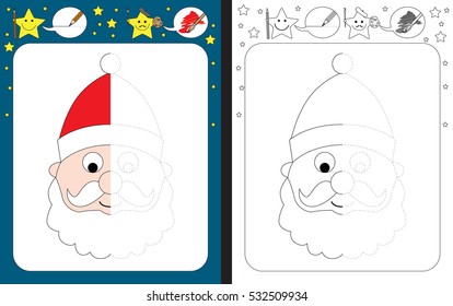 Preschool worksheet for practicing fine motor skills - tracing dashed lines - finish the illustration of Santa Claus