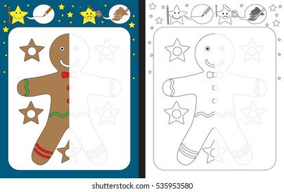 Preschool worksheet for practicing fine motor skills - tracing dashed lines - finish the illustration of gingerbread man