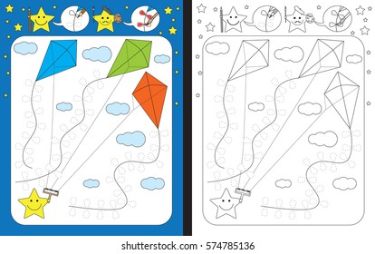 Preschool worksheet for practicing fine motor skills - tracing dashed lines of kite tail decorations