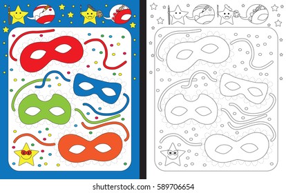 Preschool worksheet for practicing fine motor skills - tracing dashed lines - finishing carnival masks