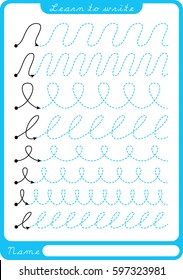 Planilha pré-escolar para praticar habilidades motoras finas - traçando linhas tracejadas. Planilha de Rastreamento. Ilustração e contorno vetorial - Papel A4 pronto para imprimir.