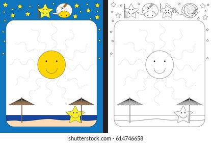 Preschool worksheet for practicing fine motor skills - tracing dashed lines of sun rays