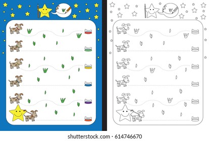 Preschool worksheet for practicing fine motor skills - tracing dashed lines from dogs to bones