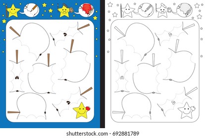 Preschool worksheet for practicing fine motor skills - tracing dashed lines of bites on apples