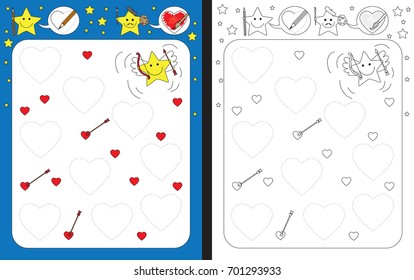 Preschool worksheet for practicing fine motor skills - tracing dashed lines of hearts