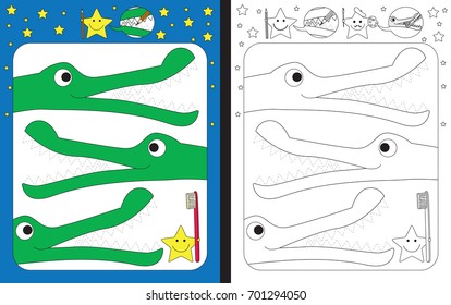 Preschool worksheet for practicing fine motor skills - tracing dashed lines of alligator teeth
