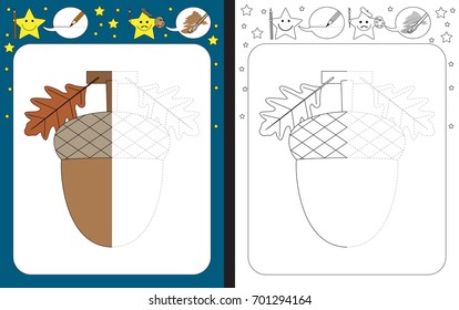 Preschool worksheet for practicing fine motor skills - tracing dashed lines - finish the illustration of the acorn