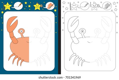 Preschool worksheet for practicing fine motor skills - tracing dashed lines - finish the illustration of crab