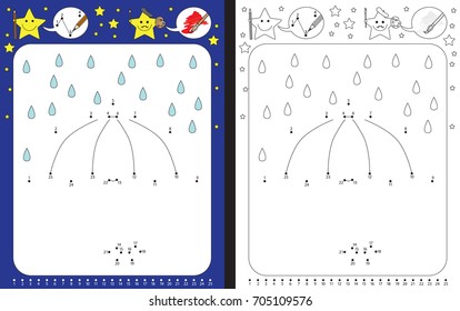 Preschool worksheet for practicing fine motor skills and recognizing numbers - connecting dots by numbers - drawing illustration of umbrella