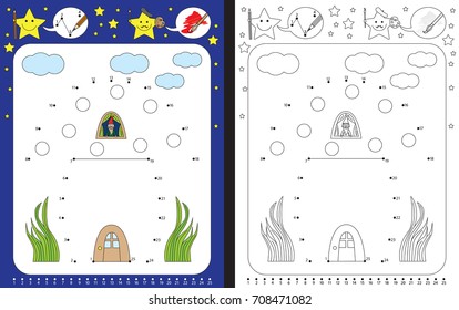 Preschool worksheet for practicing fine motor skills and recognizing numbers - connecting dots by numbers - drawing a mushroom