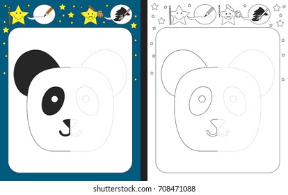 Preschool worksheet for practicing fine motor skills - tracing dashed lines - finish the illustration of panda