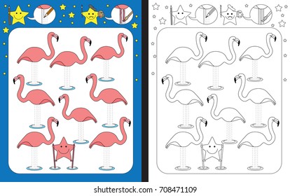 Preschool worksheet for practicing fine motor skills - tracing dashed lines - drawing legs on flamingos
