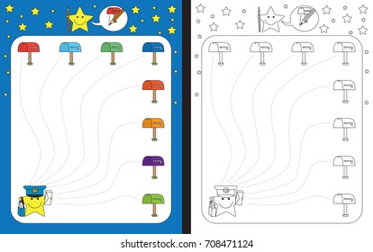 Preschool worksheet for practicing fine motor skills - tracing dashed lines of path from postman to mailbox