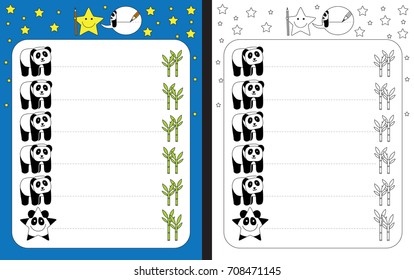 Preschool worksheet for practicing fine motor skills - tracing dashed lines from panda to bamboo