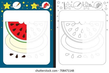 Preschool worksheet for practicing fine motor skills - tracing dashed lines - finish the illustration of watermelon slice on a plate