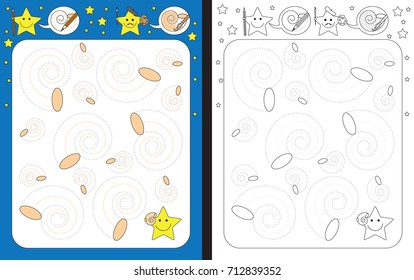 Preschool worksheet for practicing fine motor skills - tracing dashed lines of seashell