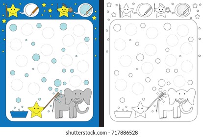 Preschool worksheet for practicing fine motor skills - tracing dashed lines of soap bubbles from elephant bath