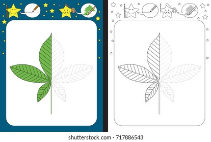 Preschool worksheet for practicing fine motor skills - tracing dashed lines - finish the illustration of a horse chestnut leaf