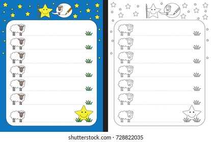 Preschool worksheet for practicing fine motor skills - tracing dashed lines from sheep to grass