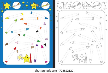Preschool worksheet for practicing fine motor skills - tracing dashed lines of colored crayons