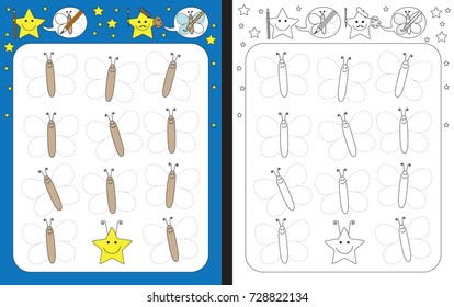 Preschool worksheet for practicing fine motor skills - tracing dashed lines of butterfly wings