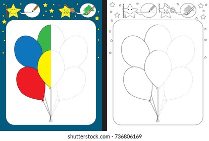 Preschool worksheet for practicing fine motor skills - tracing dashed lines - finish the illustration of balloons