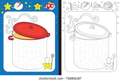 Preschool worksheet for practicing fine motor skills - tracing dashed lines of circles on a pot with soup