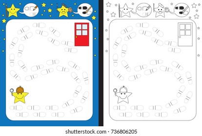 Preschool worksheet for practicing fine motor skills - tracing dashed lines of shoe prints