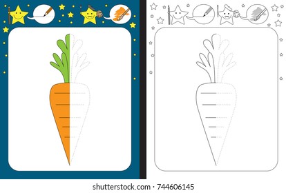 Preschool worksheet for practicing fine motor skills - tracing dashed lines - finish the illustration of a carrot