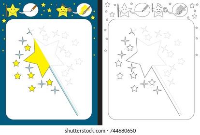 Preschool worksheet for practicing fine motor skills - tracing dashed lines - finish the illustration of magic wand