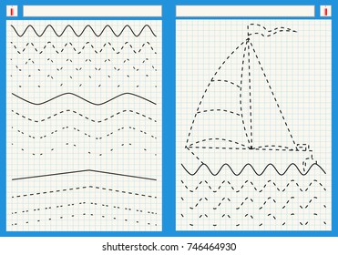 Preschool worksheet for practicing fine motor skills - tracing dashed lines. Tracing Worksheet. Two Illustrations and vector outline - A4 paper ready to print.