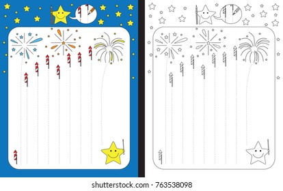 Preschool worksheet for practicing fine motor skills - tracing dashed lines of fireworks