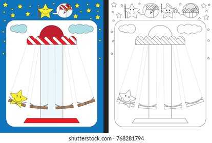 Preschool worksheet for practicing fine motor skills - tracing dashed lines of merry go round
