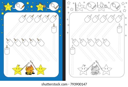 Preschool worksheet for practicing fine motor skills - tracing dashed lines of sticks with marshmallows