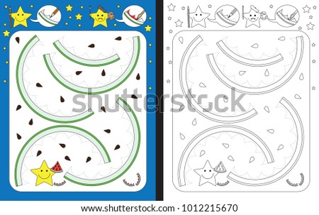 Preschool worksheet for practicing fine motor skills - tracing dashed lines of watermelon rind