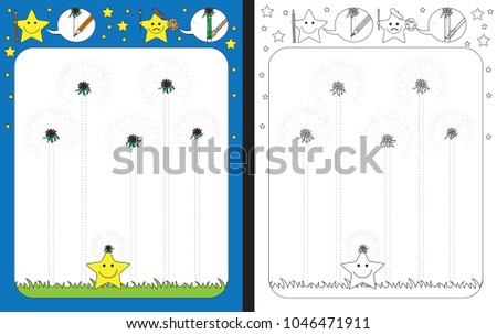 Preschool worksheet for practicing fine motor skills - tracing dashed lines of dandelion stems